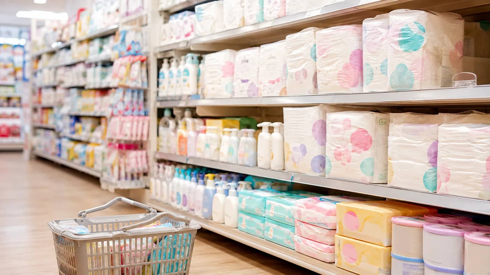 藥妝店的嬰幼兒用品走道,貨架上陳列尿布、濕紙巾、洗沐用品與奶粉罐,地上放著購物籃