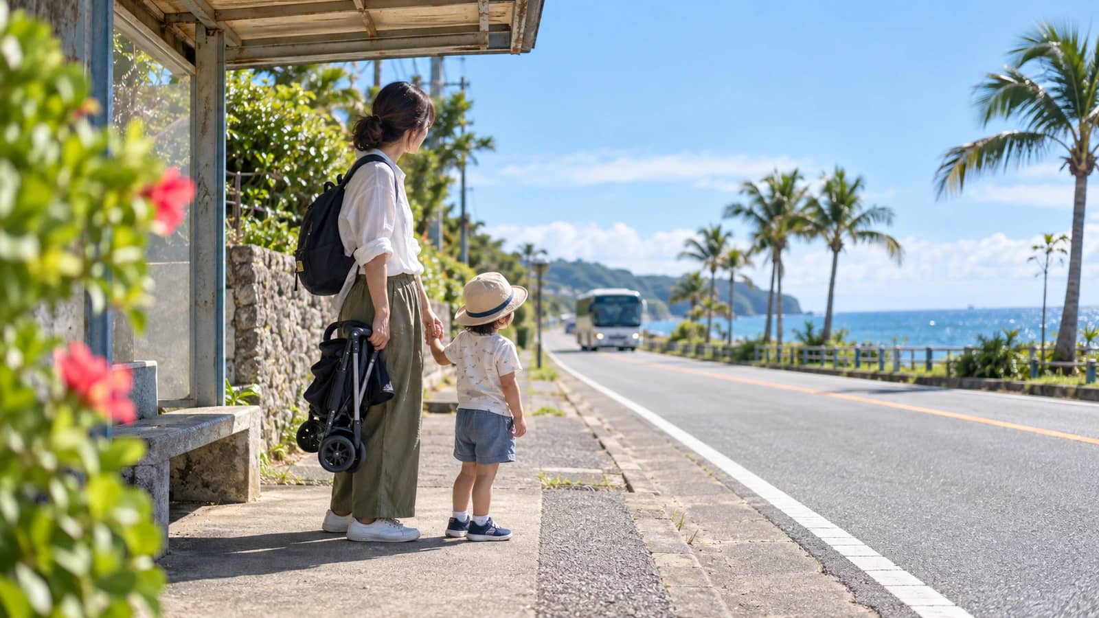 海邊巴士站的遮雨棚下,大人背著背包、提著收好的推車,牽著戴帽子的孩子,望向遠處開來的巴士,旁邊有紅色扶桑花和椰子樹