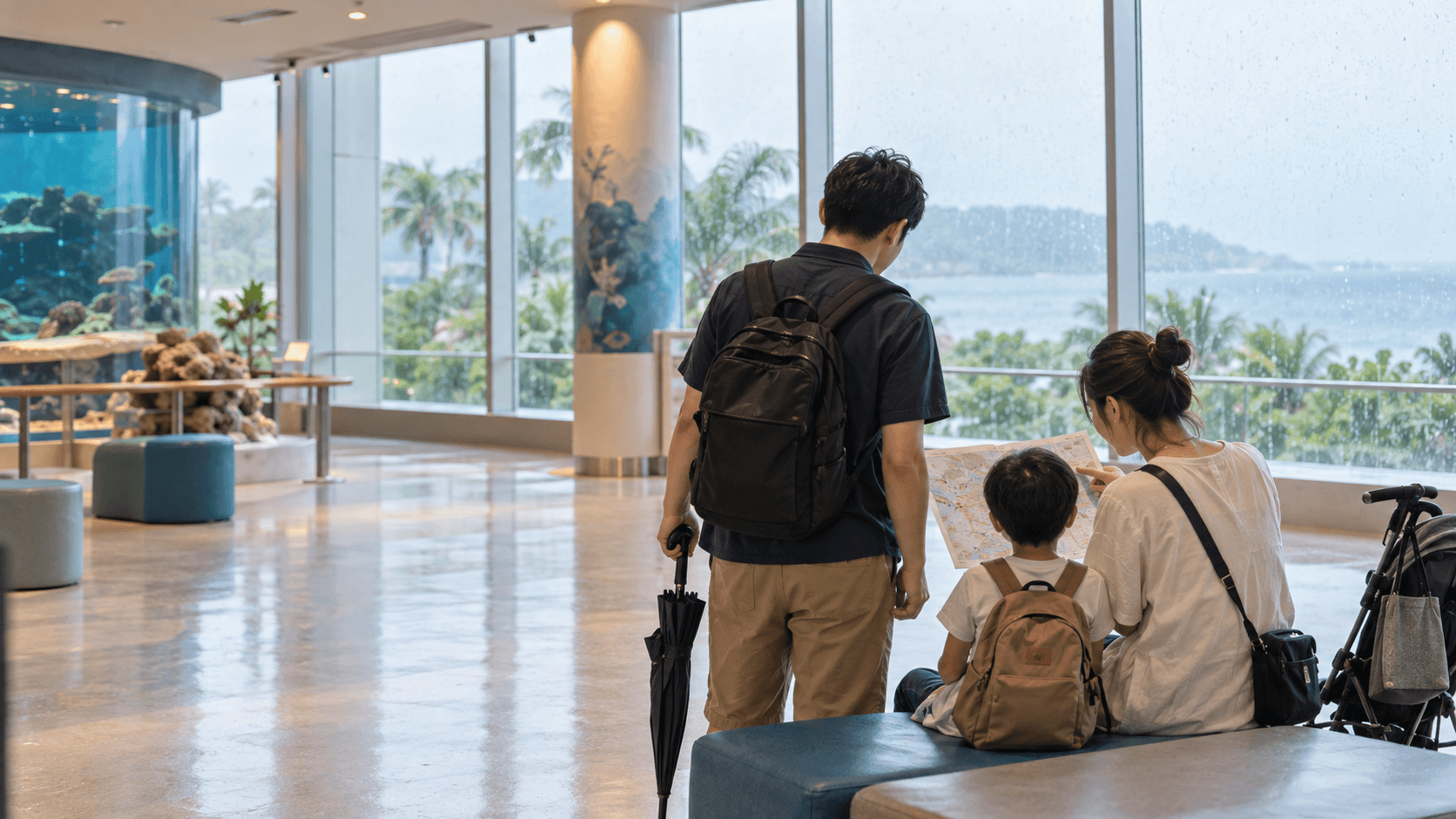 本站自製情境圖:雨天時,一家三口在沖繩明亮室內空間查看地圖,窗外可見雨中的海岸與棕櫚樹