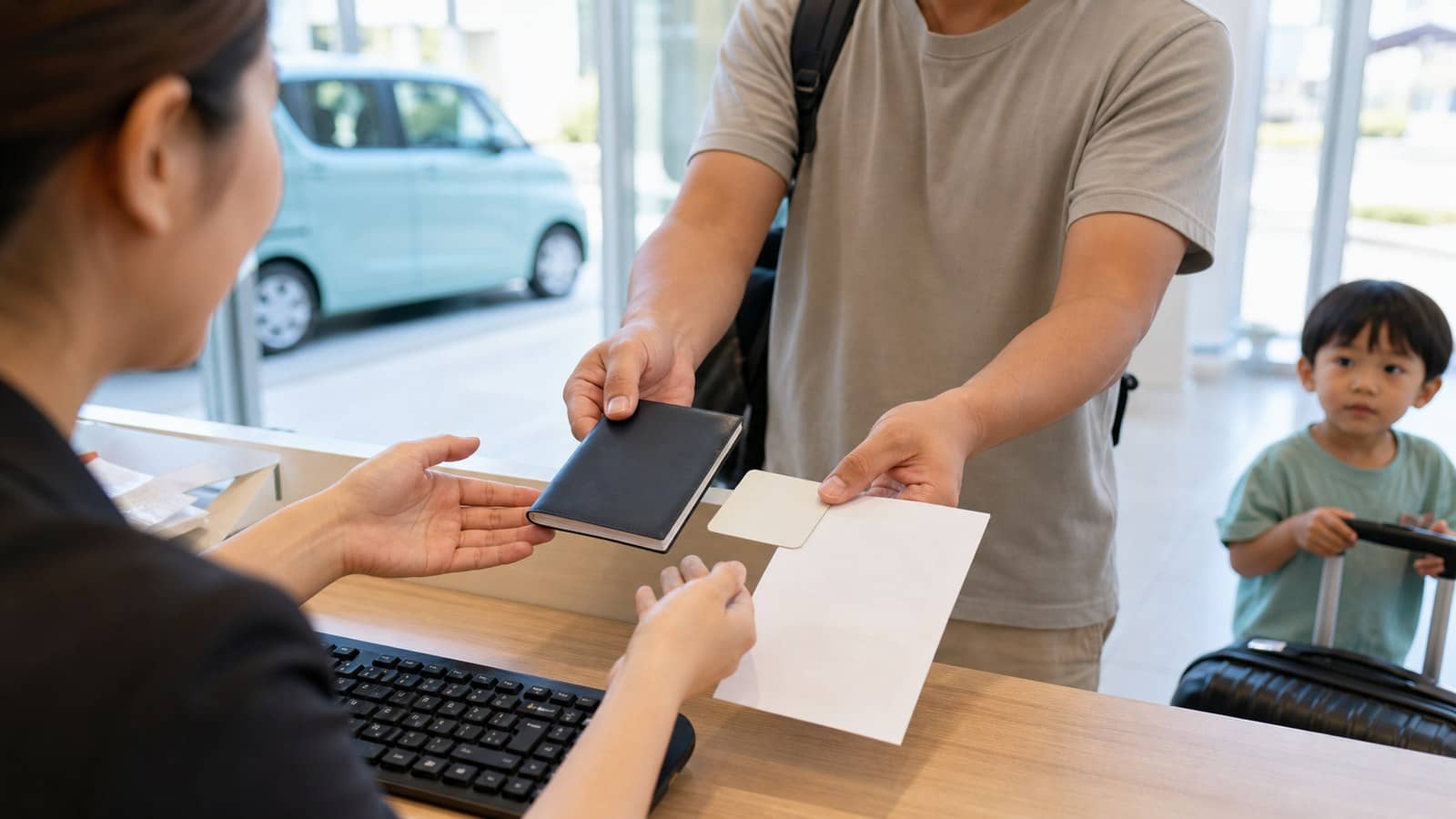 家長帶著孩子在沖繩租車櫃檯出示駕照與文件,辦理取車手續