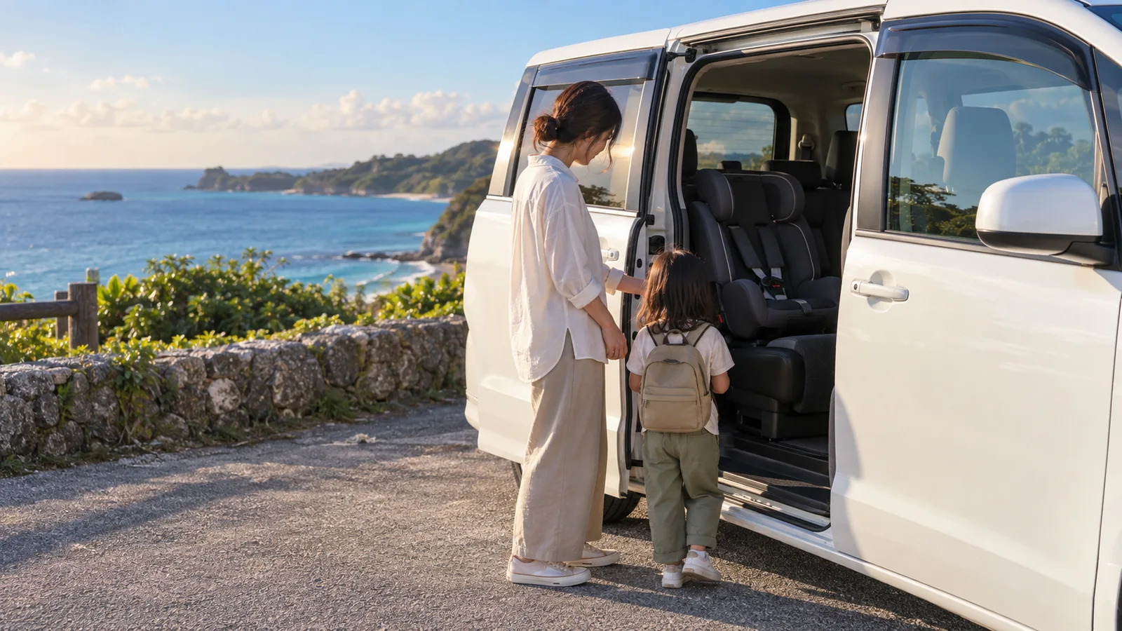 沖繩海岸公路旁的白色休旅車側滑門打開,後座已經裝好一張兒童安全座椅,大人站在車門邊,背對鏡頭的孩子正要上車
