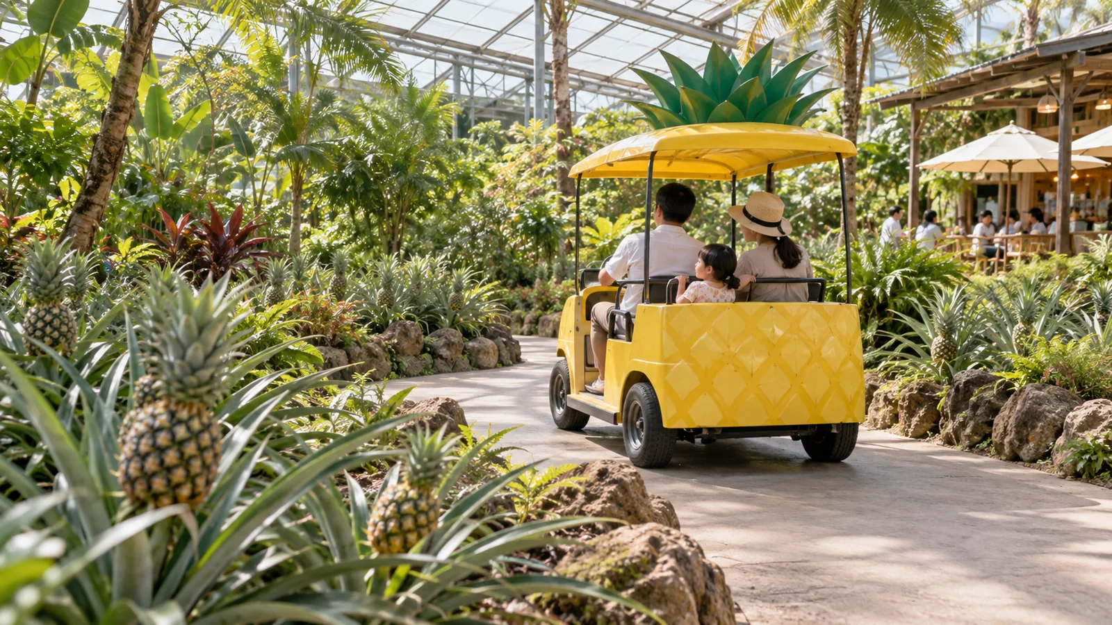 一家人搭乘黃色鳳梨造型遊園車穿過熱帶植物園的情境