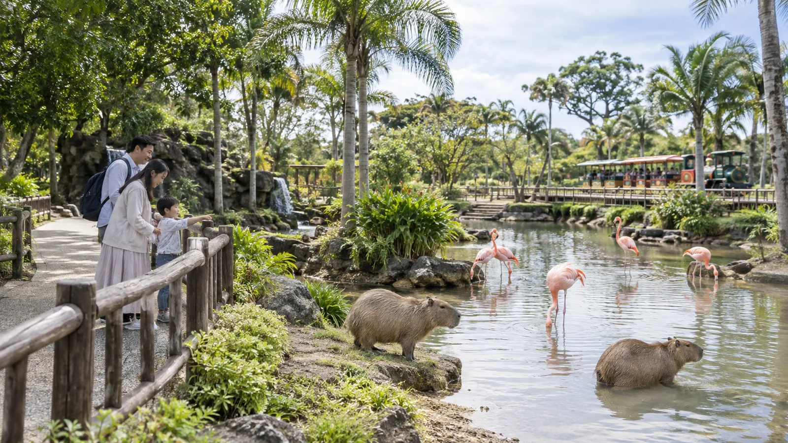 一家人在熱帶動物園區觀看紅鶴、水豚與小火車的情境