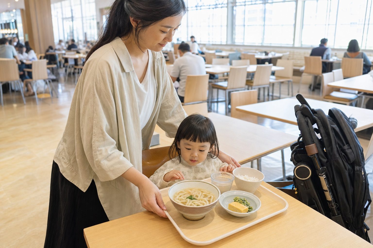 家長帶孩子在沖繩商場美食街準備吃烏龍麵、白飯、玉子燒和熟食,旁邊停著折疊推車
