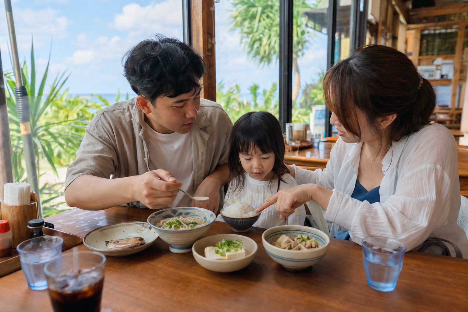 爸爸媽媽陪孩子在沖繩餐廳吃沖繩麵、白飯、豆腐和熟食料理