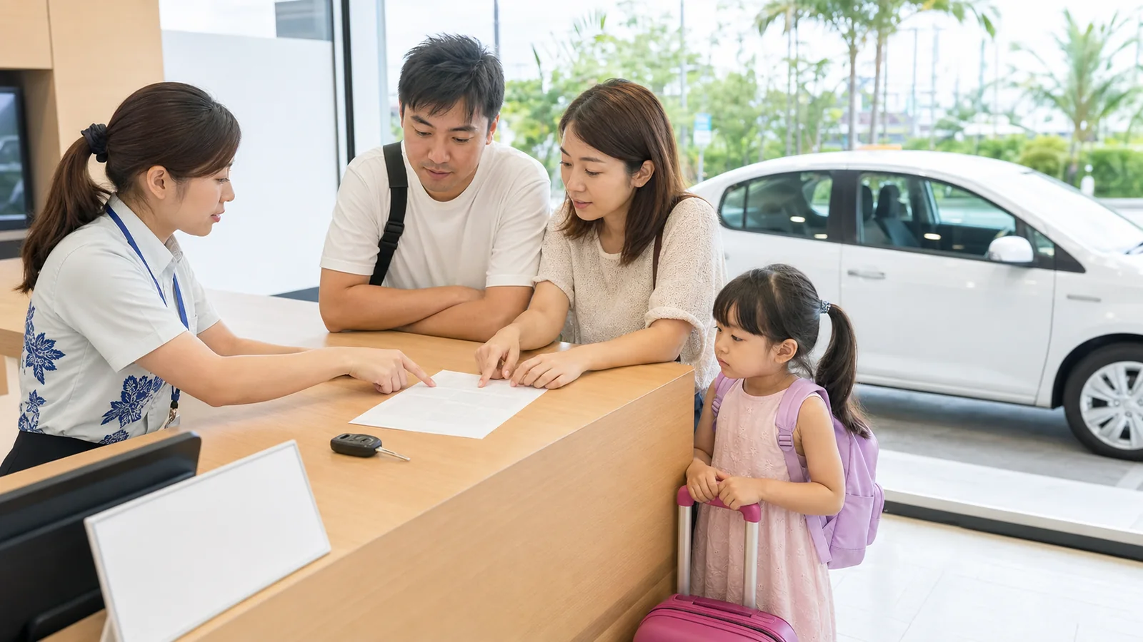 一家三口在沖繩租車櫃檯確認保險方案,窗外停著白色租車