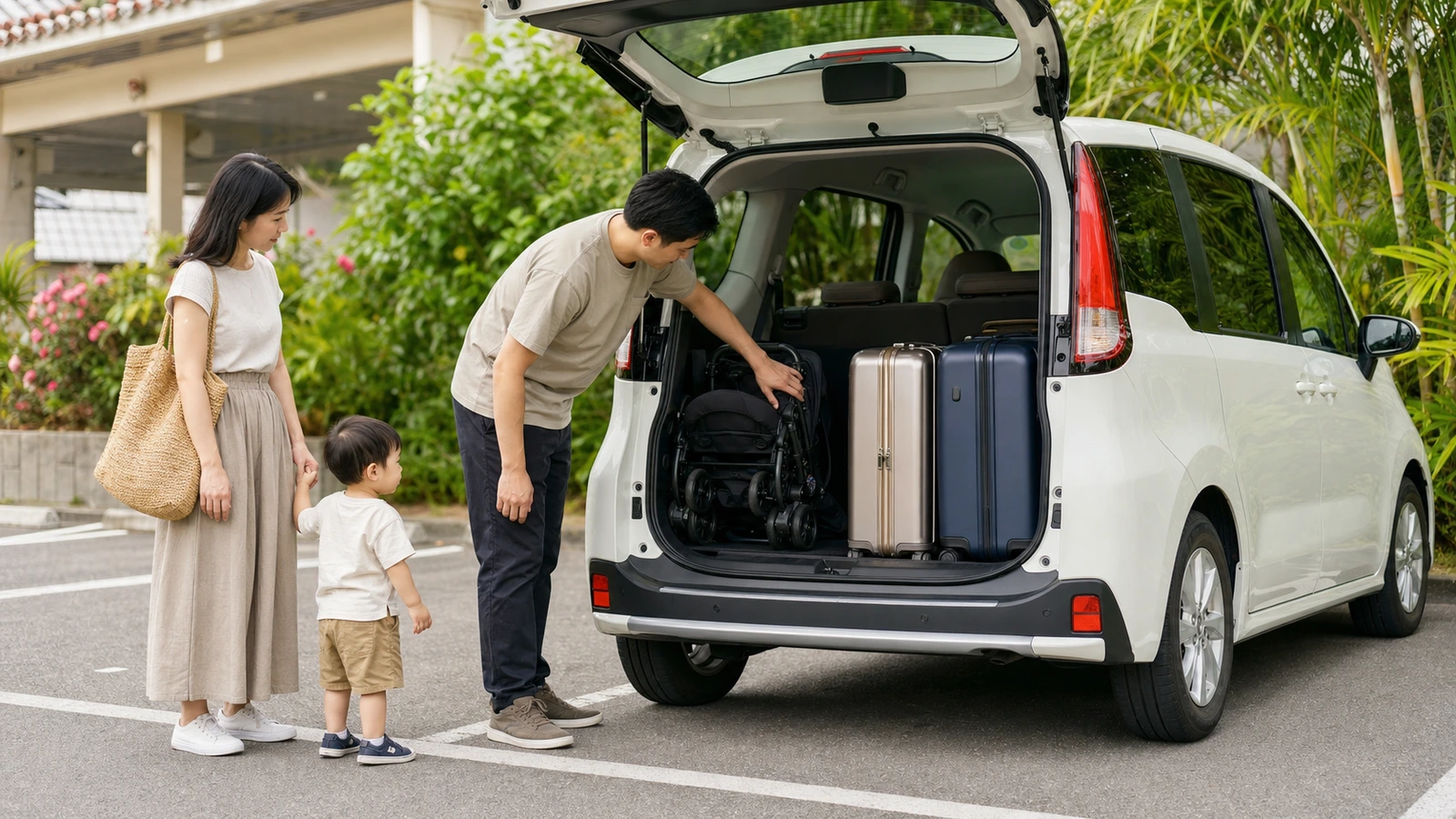 一家三口在沖繩租車停車場,把折疊推車與兩個行李箱放進白色休旅車後車廂