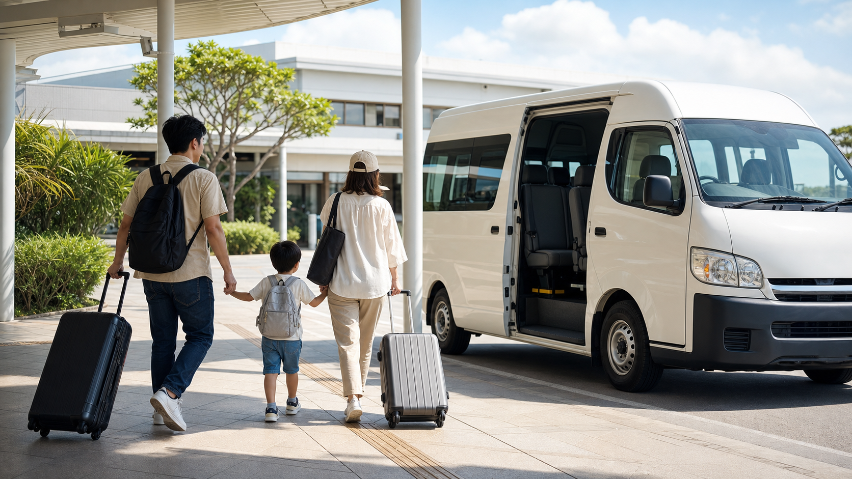一家三口帶著行李走向沖繩機場附近租車公司的白色接駁車