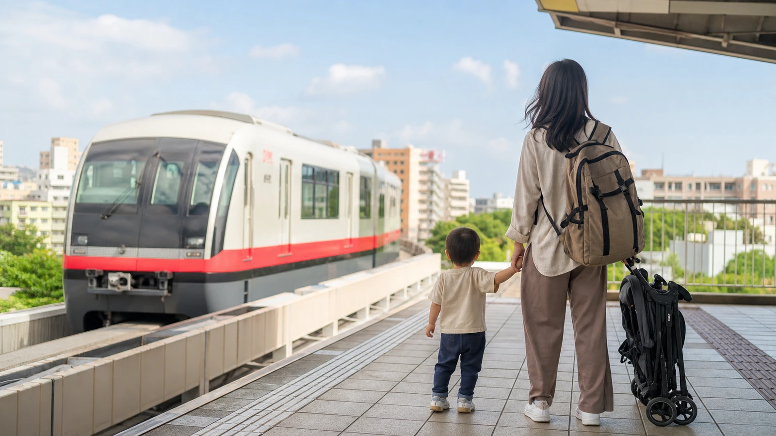 家長推著嬰兒車,帶著孩子在單軌列車旁等候